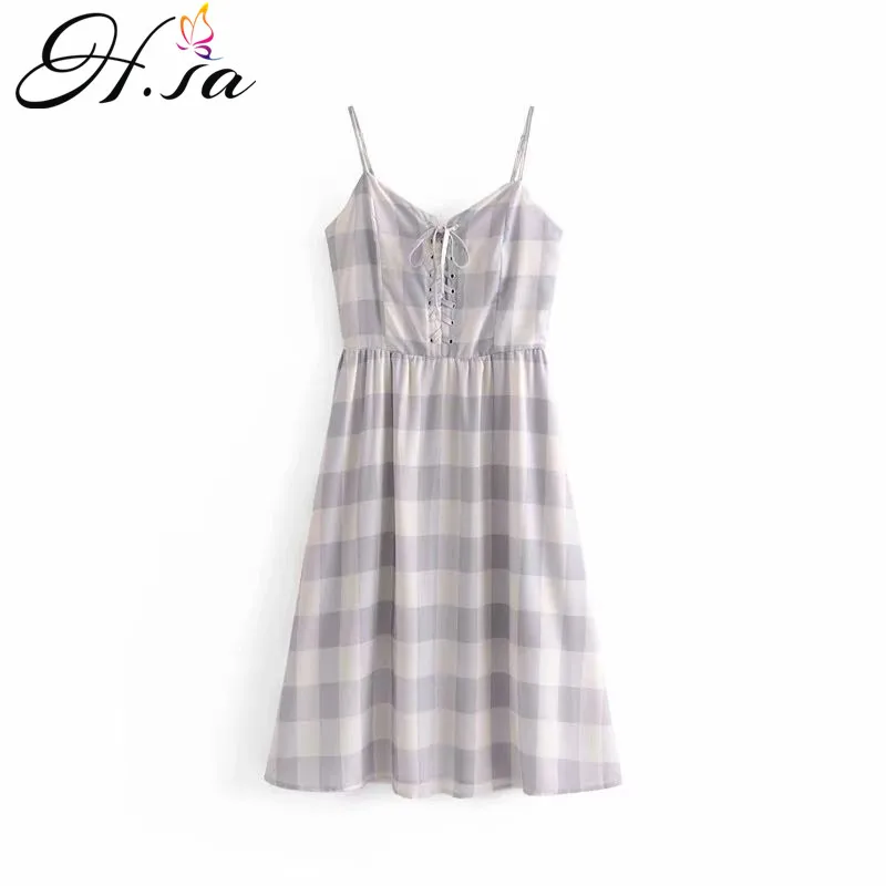 

H.SA New Summer Women Dress Strap Sexy Plaid High Waist Vestidos Sexy Sleeveless Bandage Vintage Dress Plaid robe femme