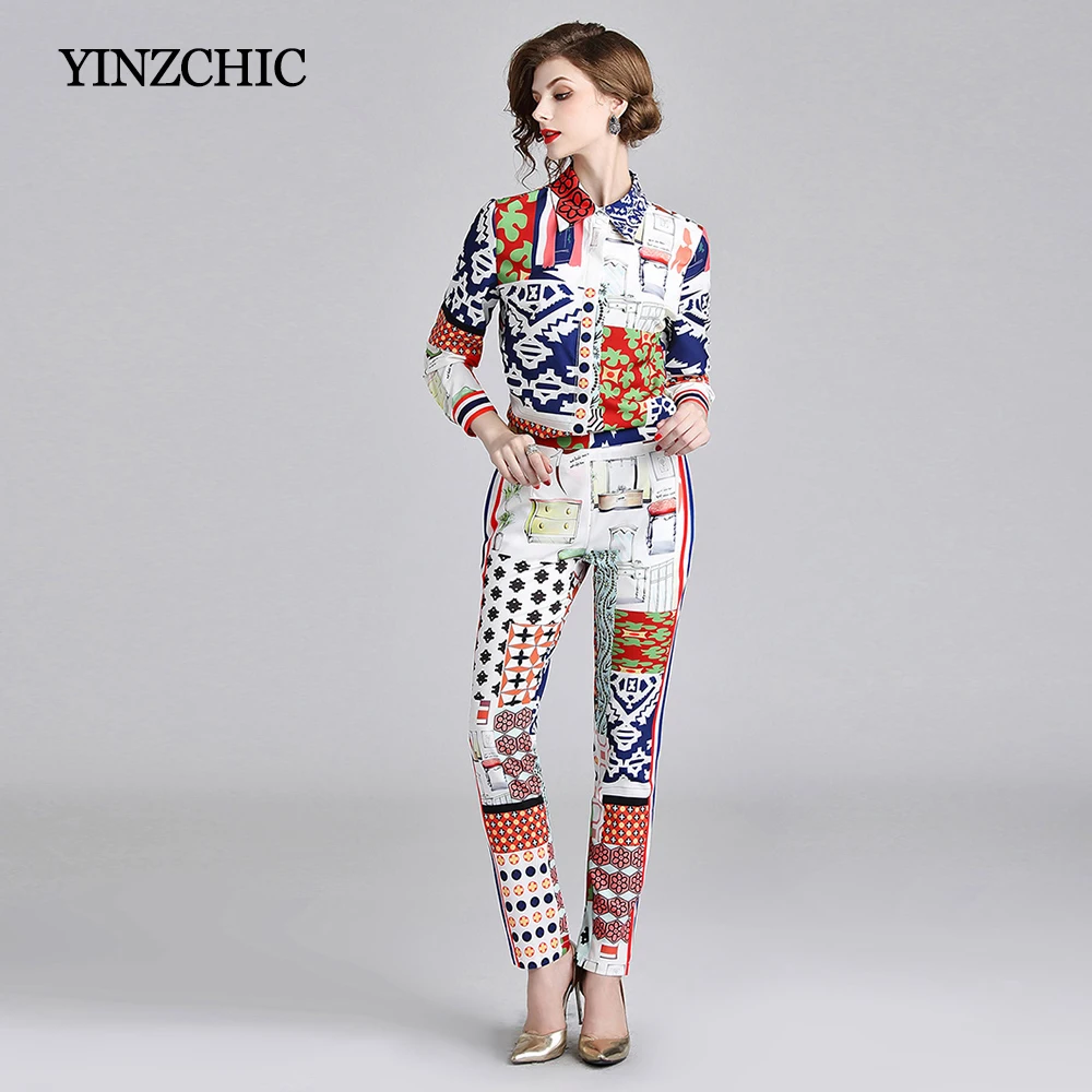 Party Deux Dame 2018 Imprimer Ensembles Ol Costumes Automne Chemise Multi pièces Vintage Print Moulant Femme Nouvelles Pantalon Ensemble Pour vqZ6aW