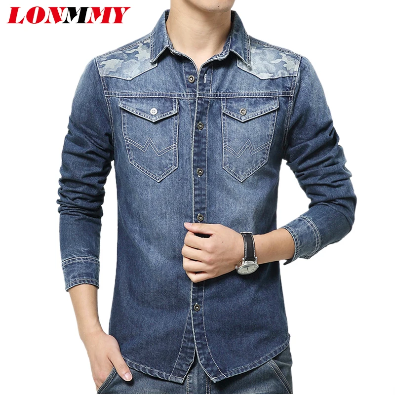 LONMMY M-5XL с длинным рукавом джинсовая рубашка мужская джинсовая камуфляжная camisa masculina ковбойская Мужская рубашка повседневная мужская