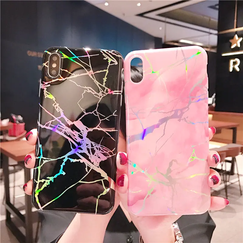 Zxtrby Marble Pattern Laser Glossy Soft TPU Phone Case for iPhone 6s 7 8 Plus X XS XR XSMax IMD Shell Back Cover Capa |