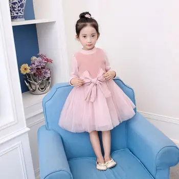 

2019 Winter Kids Girls Long Sleeve Mesh Princess Dress Children Plus Velvet Thick Dress Teens Girls Pearls Bowknot Vestidos Q204