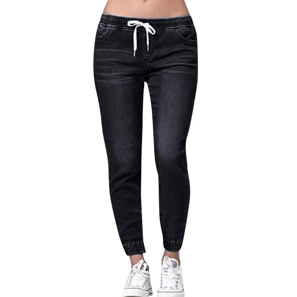 Горячая Распродажа Модные женские осенние эластичные плюс свободные джинсовые повседневные укороченные джинсы на шнурке женские модные брюки плюс размер - Цвет: black