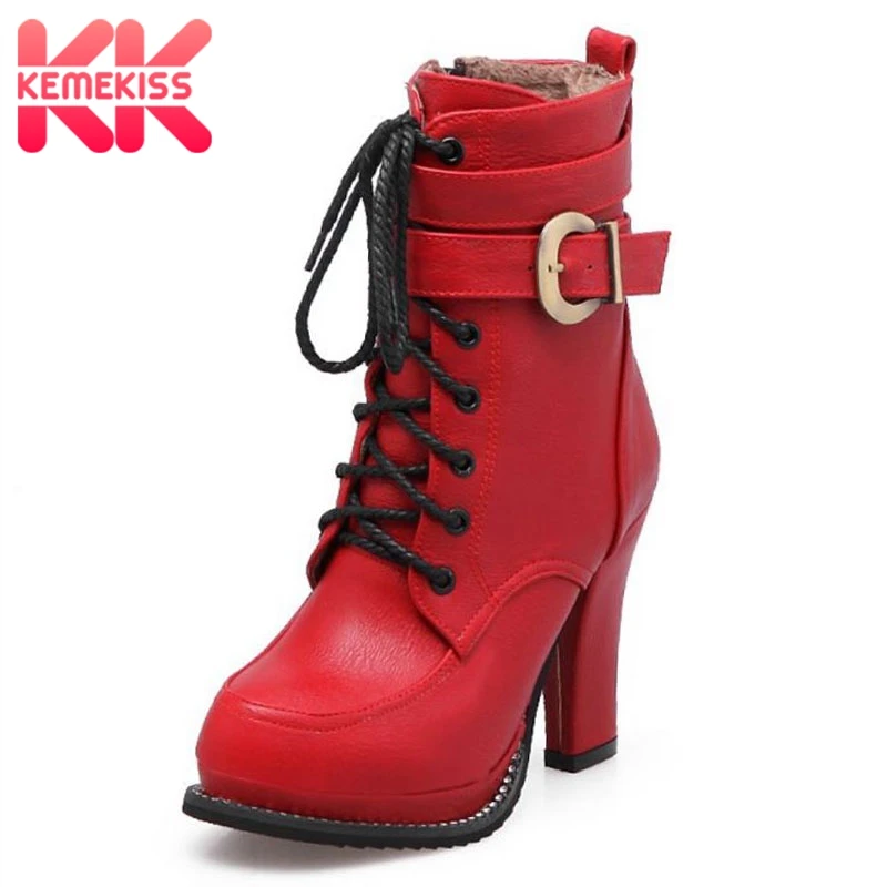 

KemeKiss Women High Heel Boots Winter Warm Fur Shoes Women Crystal Lace Up Buckle Ankle Boots Fashion Shoes Footwear Size 33-43