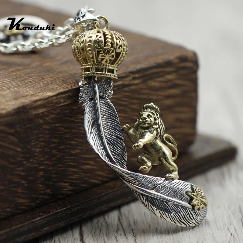 

S925 sterling silver personality imperial lion king tide section pendant silver exquisite crown feather lion pendant Jewelry