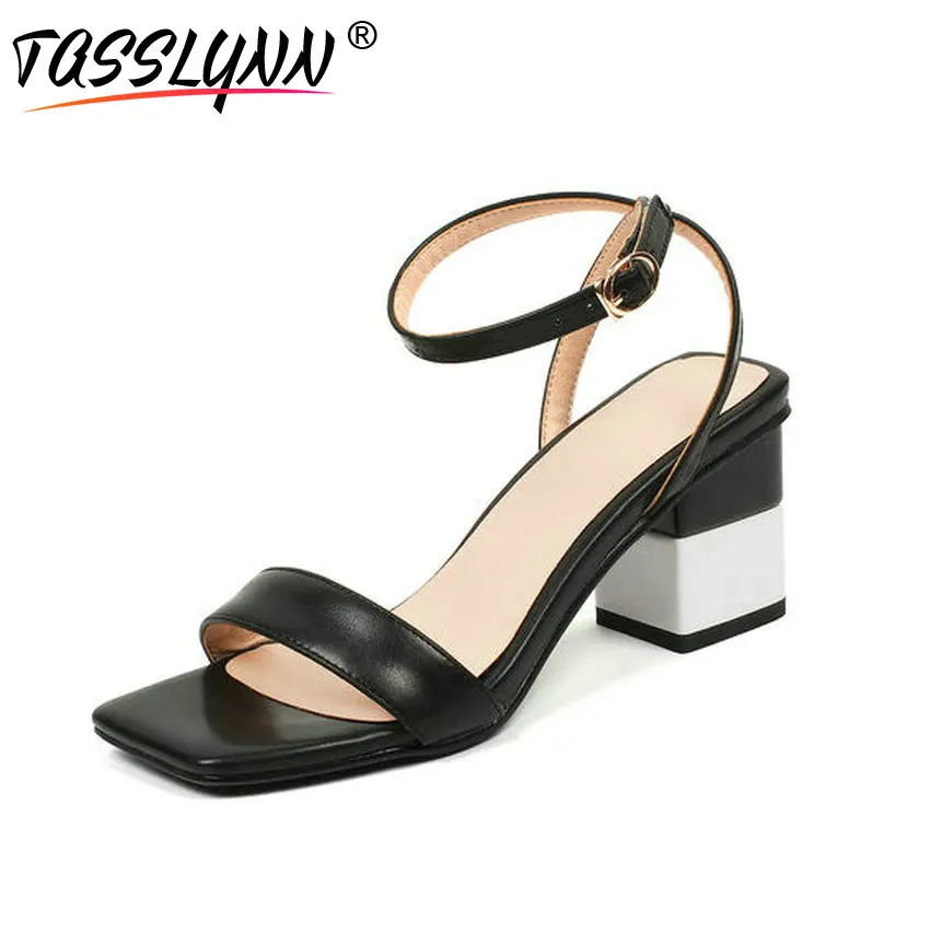 

TASSLYNN 2018 Black Summer Women Shoes Cross-tied Mixed Color High Heels Sandals Party Woman Sandals PU Thick Heel Women Shoes