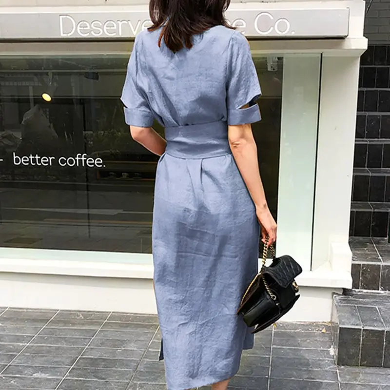 Модное Простое Элегантное корейское длинное платье для женщин на шнуровке, шикарное синее уличное платье для путешествий, летнее офисное женское Повседневное платье макси