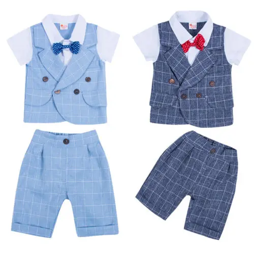 Toddler Kids Baby Boys Clothing Gentleman Outfits Suit Bow Tie Tops Pants 2PCS Plaid Formal Party Clothes Boy 0-4T |