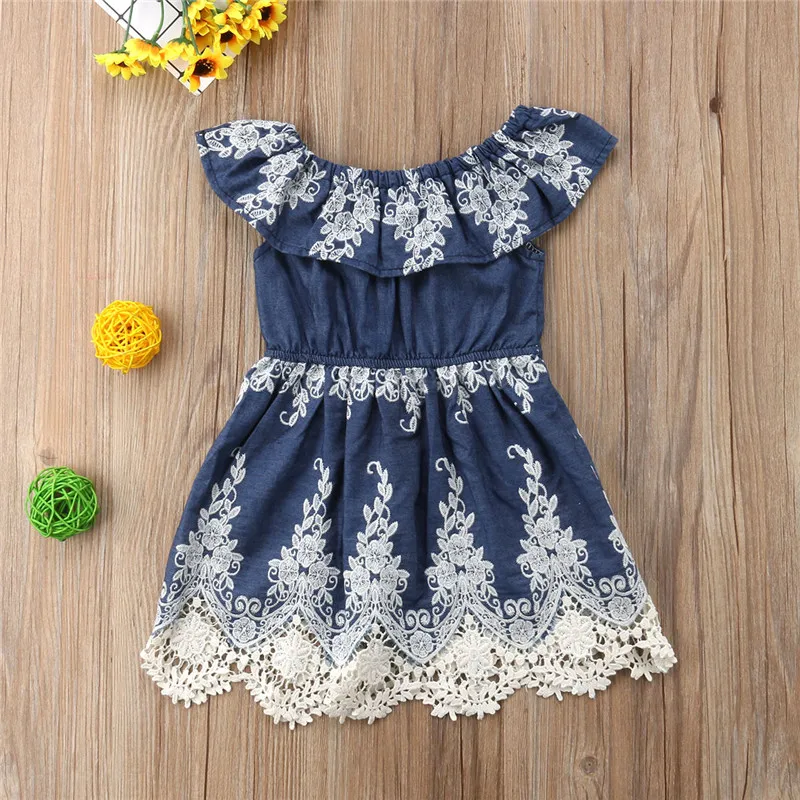 Off Shoulder Summer Cute Blue Embroidery Lace Blue Round Neck Dresses Beach Girl Clothing Baby Children Kids Girls Dress