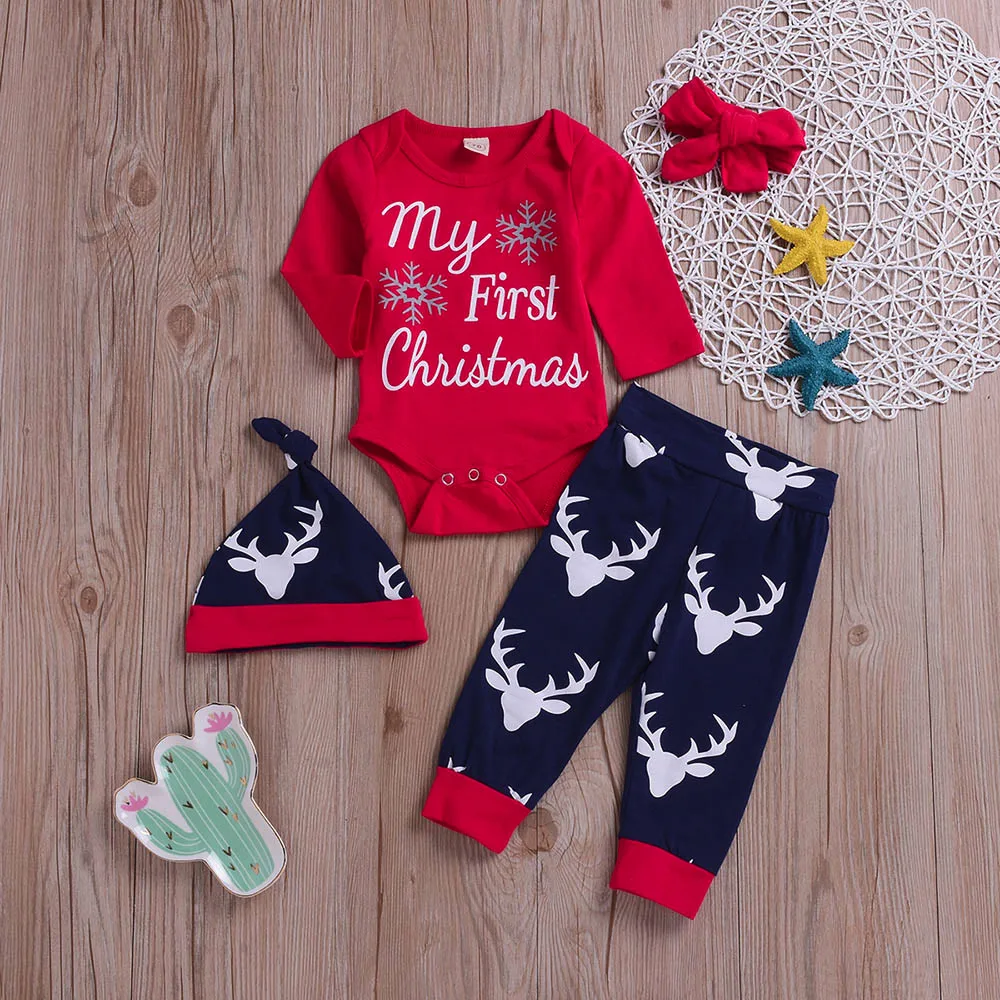 

4PCS Newborn Baby Boy girls Letter Top Deer Cartoon Print Pants Clothes Sets for infant toddlers Christmas outfit #TX4