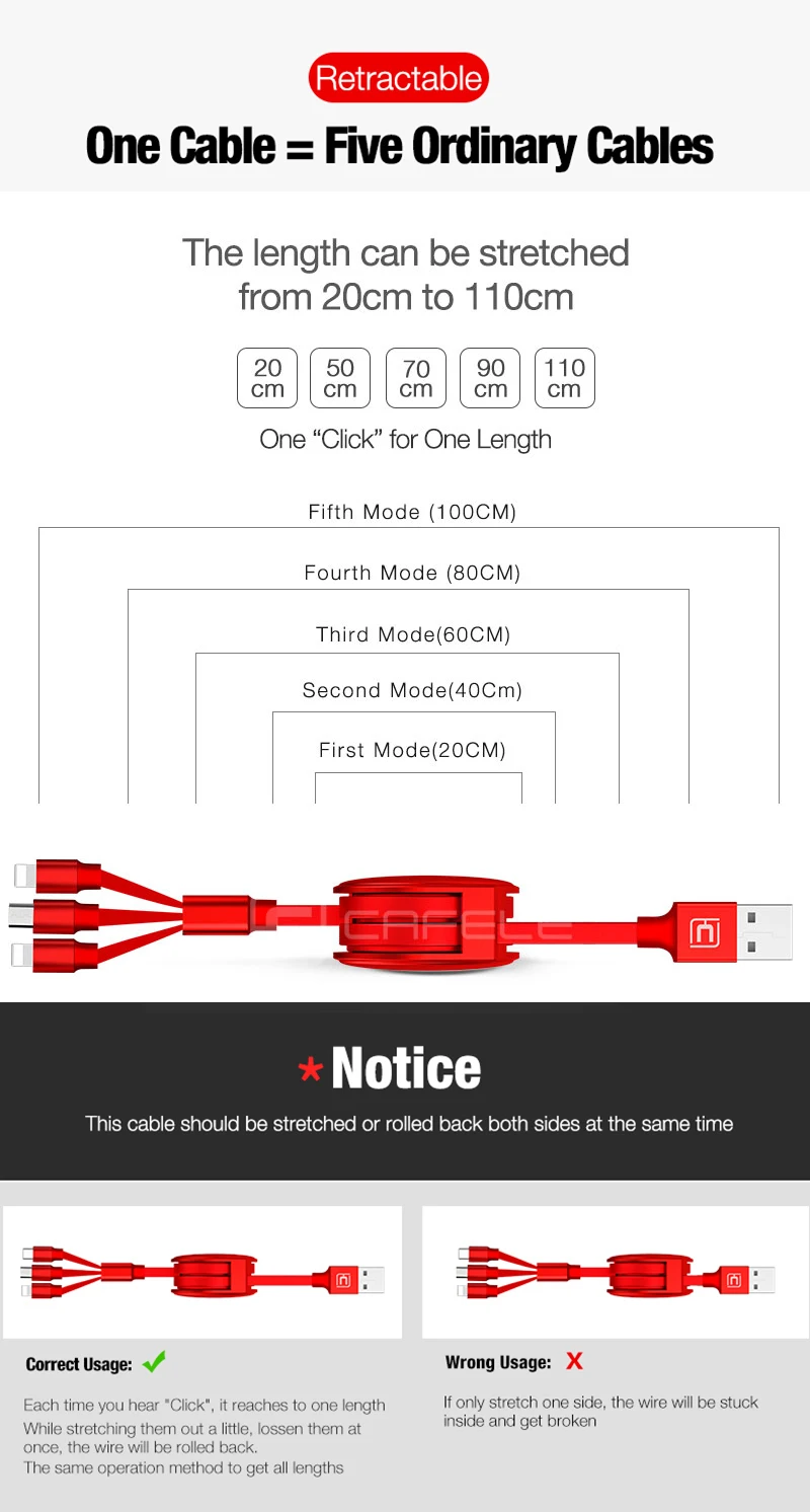 Cafele USB Micro кабель 3 в 1 Выдвижной USB кабель для iPhone X Xs Max huawei xiaomi samsung 120 см 3 в 1 Синхронизация данных USB кабель
