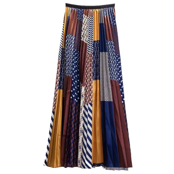 

Vintage Geometric Print Pleated Skirt Long Contrast Color High Waist Women Skirts Fashion 2019 High Street Female Boho Skirt Red