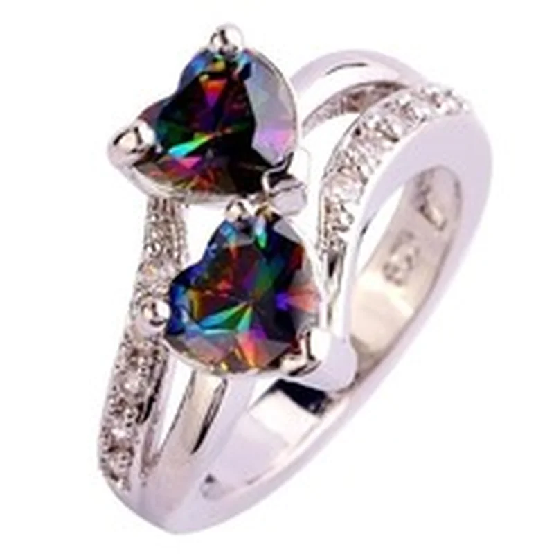 

Fashion Lover Jewelry Heart Cut Rainbow & White Jewelry Silver Ring Size 6 7 8 9 10