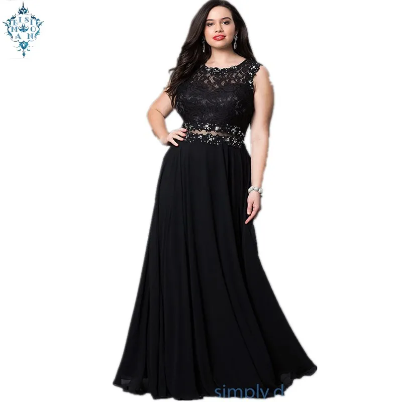 

Ameision Plus Size Evening Dresses Long Sexy Illusion Waist Backless 2019 Women Solid Chiffon Cut-Out Lace robe de soiree