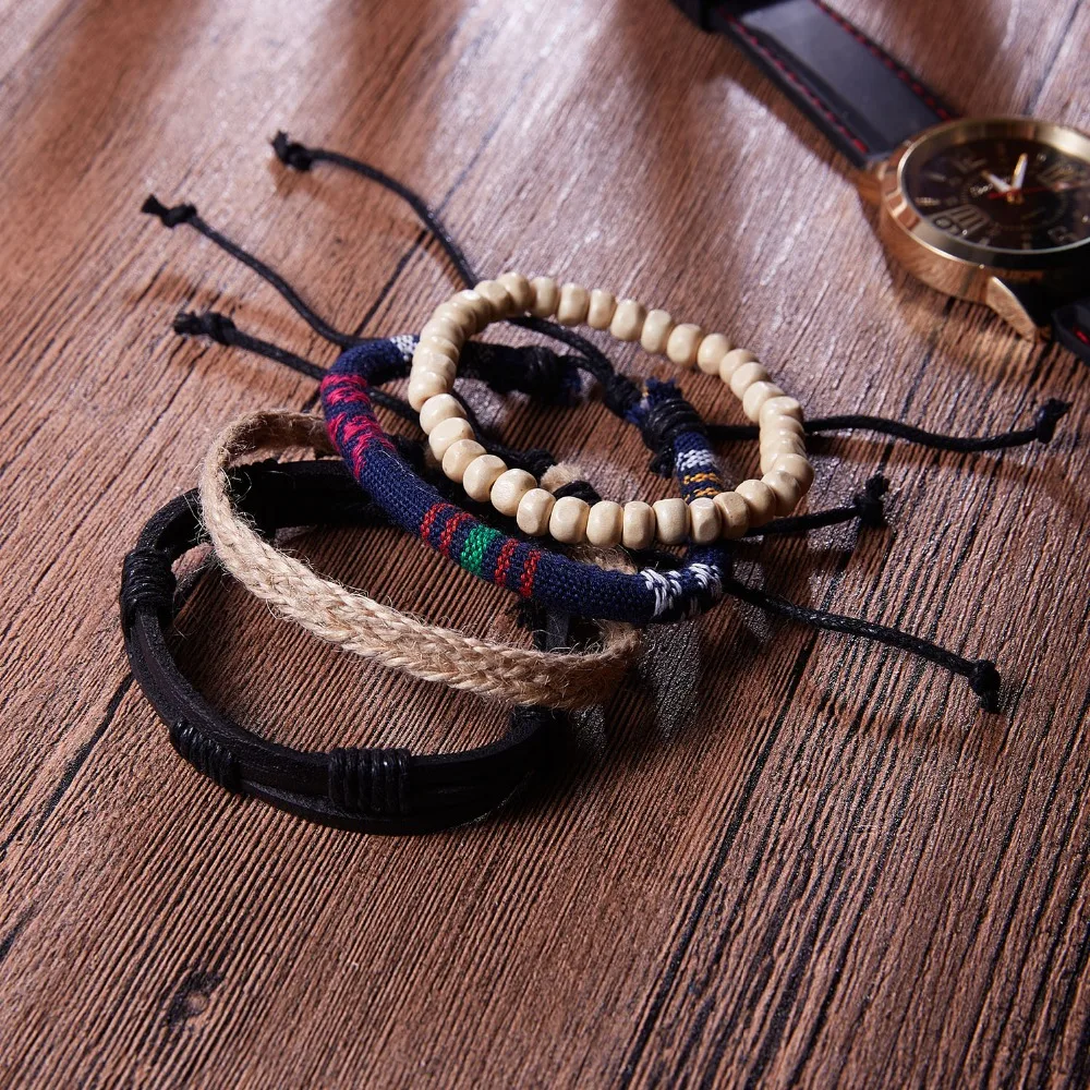 Rinhoo 4 шт. Регулируемый многослойный этнический кожаный браслет-цепочка с бусинами для мужских аксессуаров, подарок, мужское модное ювелирное изделие