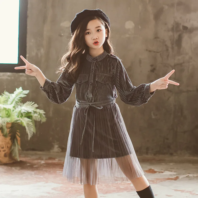

corduroy shirts dress big girls fall sets autumn girls clothing set 12 years 14 10 8 long sleeve dresses mesh skirts 2 pcs suits