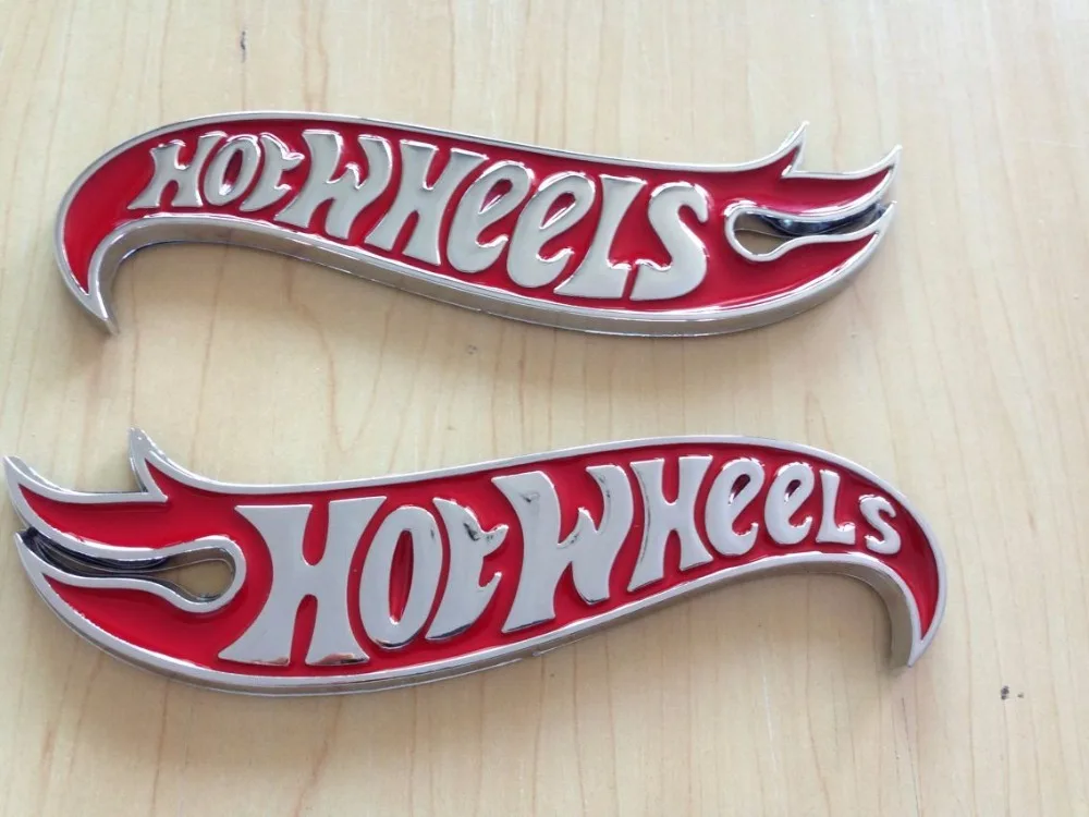 1pair Chrome & Red Hot Wheels Flames Emblem Badge Hot Rod, Mustang