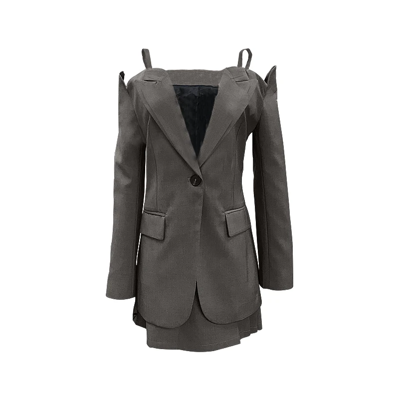 Courte coat Skirt Costume Veste 2019 Sling Pièces Solide De Gray Printemps gray Cou Poches Rosée Slash Des Deux Manches piece Ensembles two Casual Full gray Chemise Femmes Feshion trouser Épaule U7SwqwC