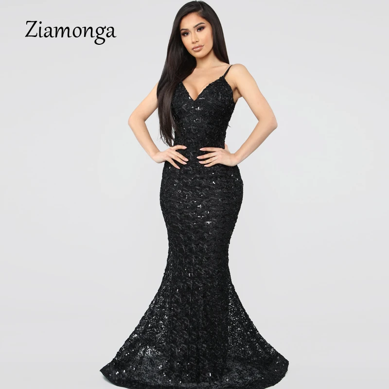 

Ziamonga Luxury Lace Mermaid Long Formal Dress Evening 2019 Evening Gown Women V-Neck Sleeveless banquet Reflective Party Dress