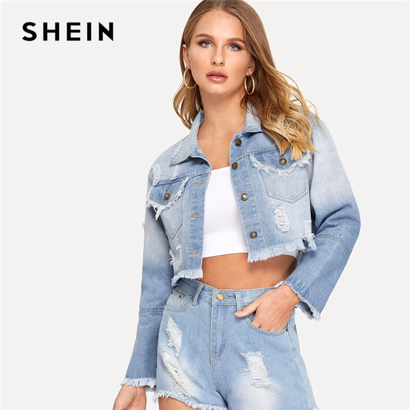 

SHEIN Blue Whiskering Detail Ripped Faded Crop Denim Jacket Coat Women Autumn 2019 Streetwear Frayed Edge Ladies Casual Jackets