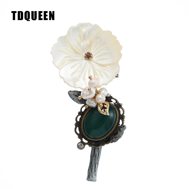 TDQUEEN Brooches for Women Natural Shell Flower Antique Silver Plated Freshwater Pearls Big Wedding Brooch Bouquet Pin Broches