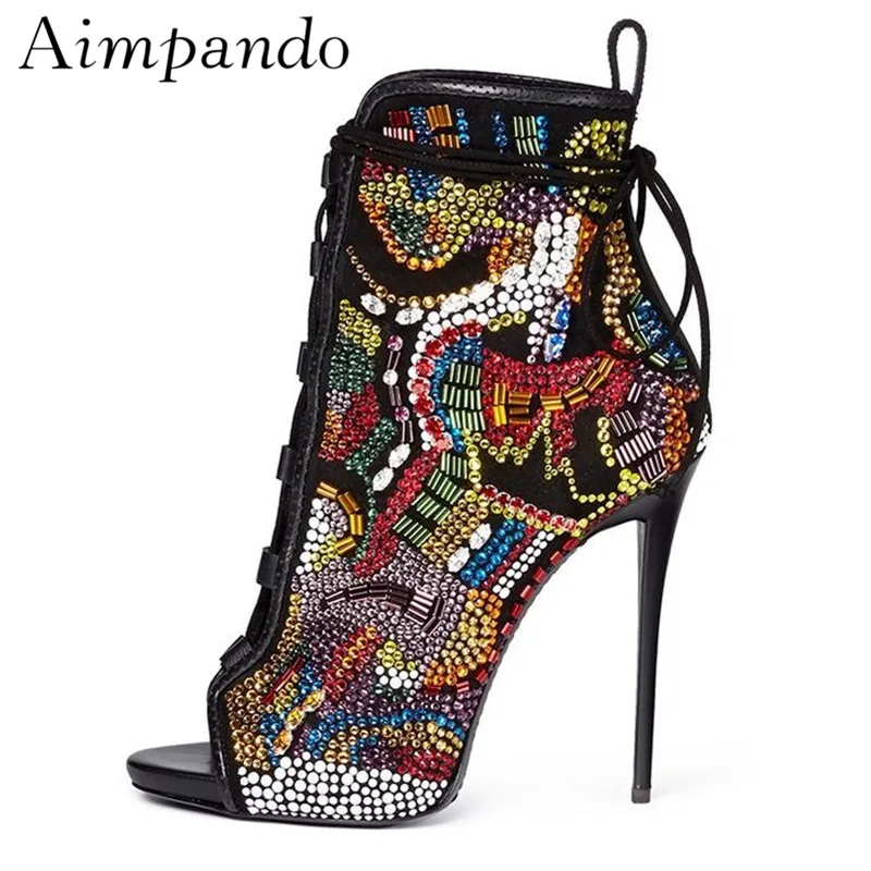 

Colorful Crystal Catwalk Runway Botas Mujer Sexy Stiletto Heel Peep Toes Cross-tied Drill Rhinestone Ankle Boots Women