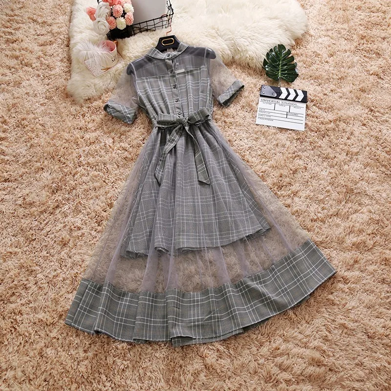 

dress women robe femme ete 2018 short sleeve plaid grey office lday casual knee length A-line dresses vintage streetwear woman