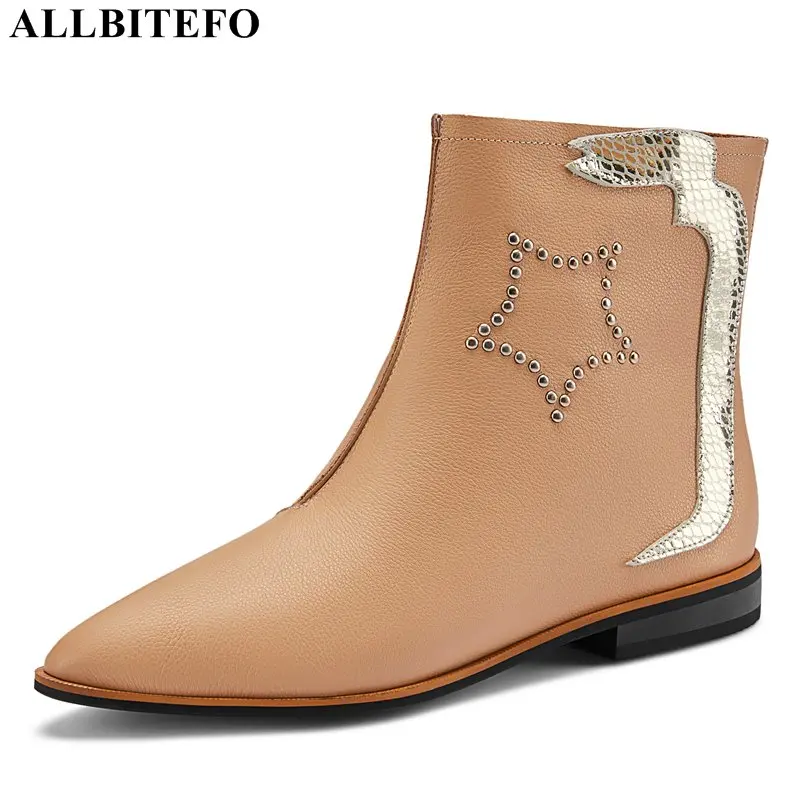 

ALLBITEFO high quality genuine leather low-heeled ankle boots for women winter snow women boots women martin boots size:33-43