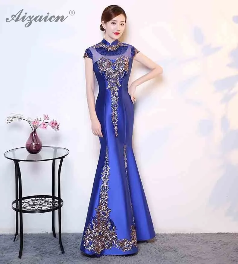 Современный зеленый вышивка Cheongsam хвост русалки Длинные Qipao Fsahion платья с блестками женское китайское вечернее платье Восточный стиль