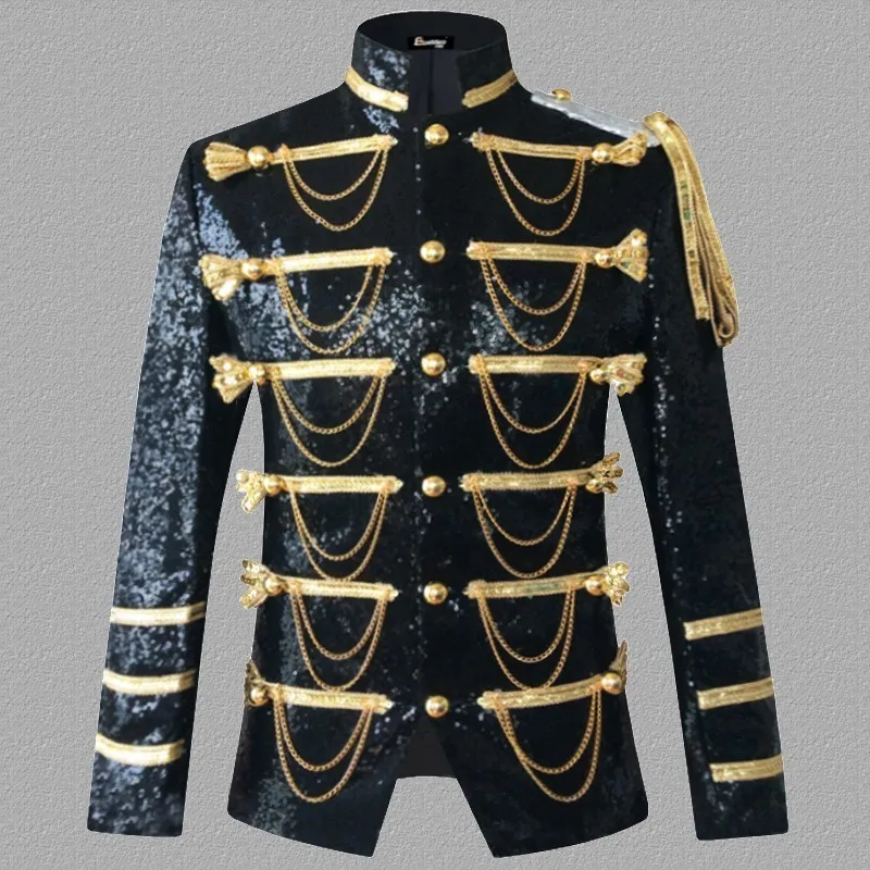 Мужской блейзер для сценического выступления, блейзер с блестками, пиджак со стоячим воротником, цепочками и кисточками, однобортный блестящий пиджак, 5XL - Цвет: black