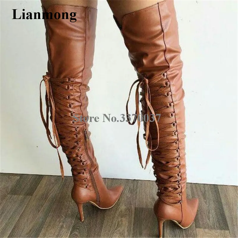 Ladies New Fashion Brown Leather Pointed Toe Back Lace up Gladiator Boots Thin Heel Long High