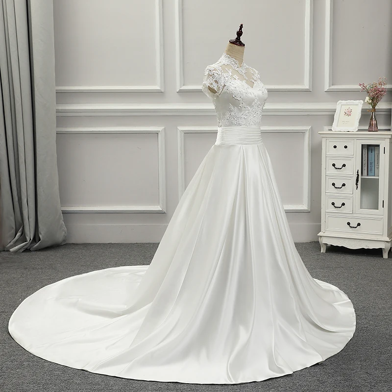 

BacklakeGirls 2020 New Arrival Wedding Dress A Line Satin High Neck Bridal Frocks Sequined Back Lace Up Vestido De Noiva