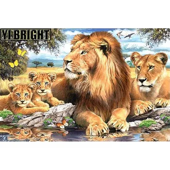 

Cross Stitch Diamond Embroidery,Animal "Lion Family Belong The Lake" Patterns Full DIY 5D Diamond Painting Rhinestones Mosaic GT
