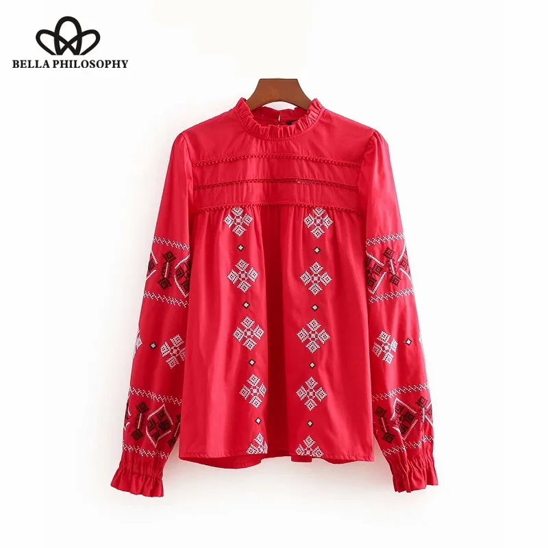 Wonder 2018 women vintage embroidery red casual blouse ladies agaric lace pleated smock shirt chic brand femininas blusas tops