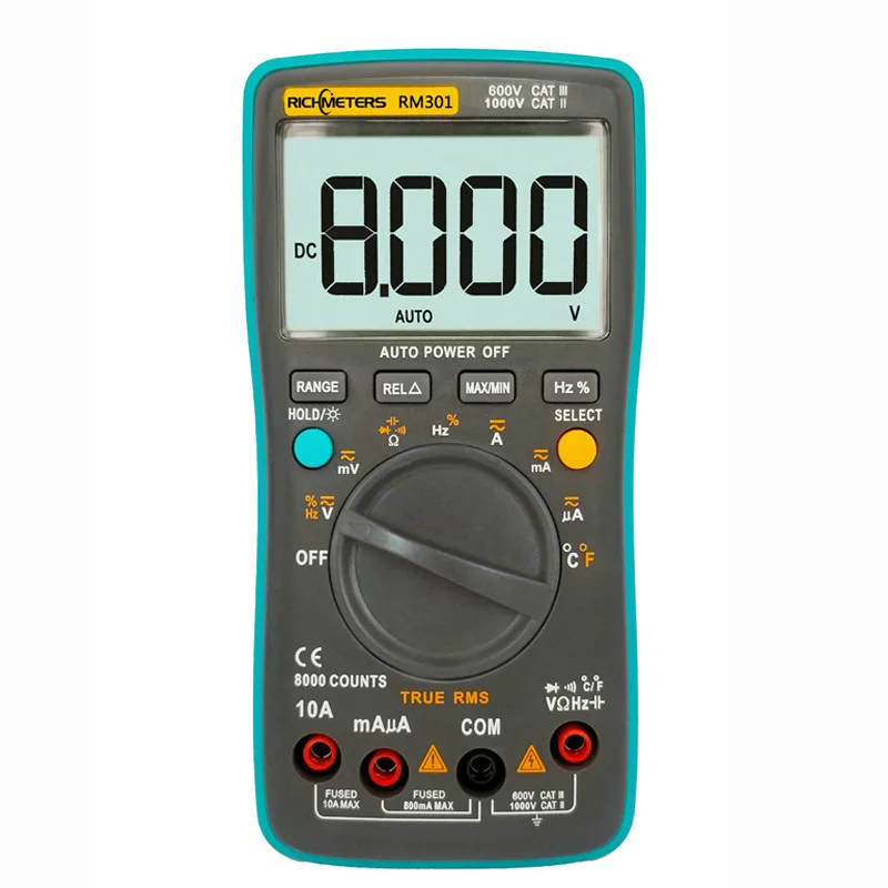 

RM301 Digital Multimeter 8000 counts True-RMS Back light AC DC Voltage Ammeter Current Ohm Auto/Manual
