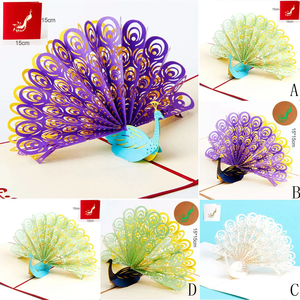 2017 3D Peacock shapes Pop Up Cards Wedding Lover Happy Birthday Anniversary Greeting #1012 B | Дом и сад