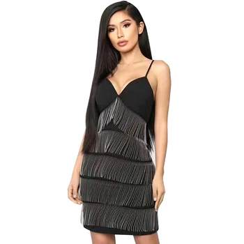 

Top Quality Sexy V Neck Black Tassel Bandage Dress 2019 Knitted Elastic Bodycon Party Dress