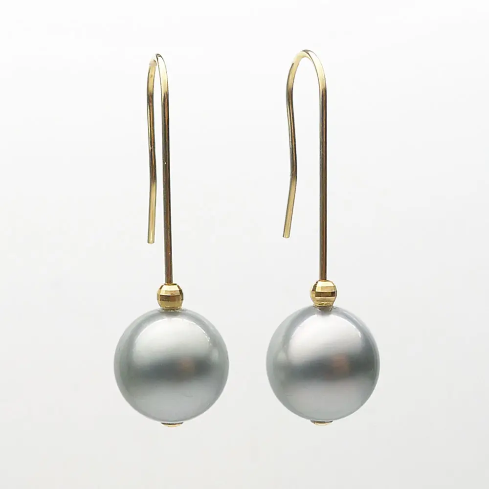 

Luminous 9.5-10MM SIlver Gray Real Tahitian Pearl Drop Earrings 14K Yellow Gold