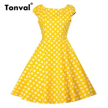 Tonval pin up Vintage amarillo vestido mujeres Cap Sleeve 2020 verano algodón Casual Polka Dot Rockabilly Retro vestidos