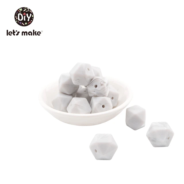 Let's Make Silicone Beads Hexagon Beads 14mm 10pc Food Grade Silicone Teether DIY Pacifier Clips Beads Necklace Baby Teether Marble Gray