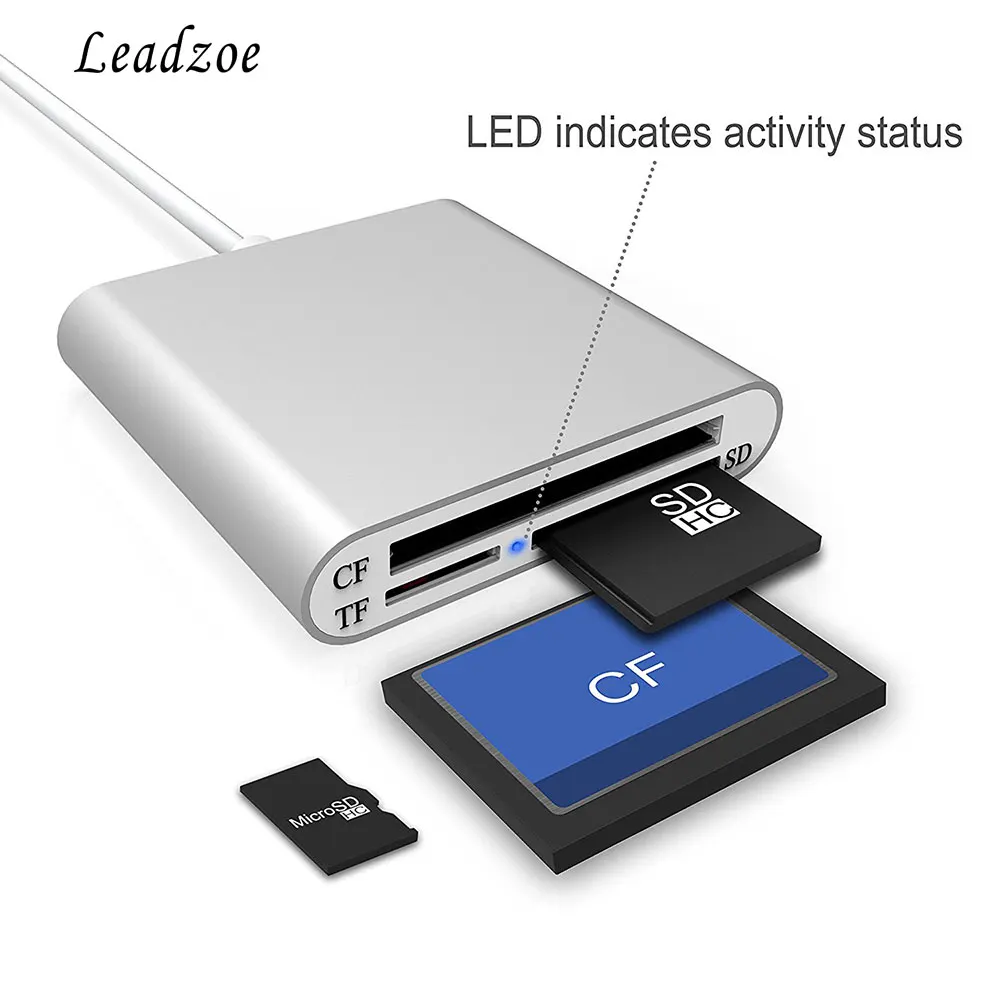 Leadzoe Алюминий USB 3,0 Портативный кард-ридер с 3 отделениями флэш-памяти кард-ридер для CF/SD/TF/микро SD/MD/MMC/SDHC/SDXC флэш-карты