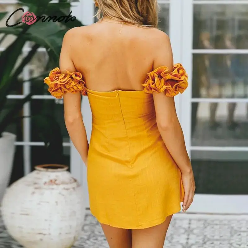 Conmoto Сексуальное короткое платье с открытыми плечами, однотонное желтое платье без бретелек, платье для вечеринок, лето