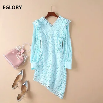 

Hollow Out Embroidery Dress New 2019 Spring Fashion European Style Women V-Neck Asymmetrical Bodycon Sheath Dress Club Party
