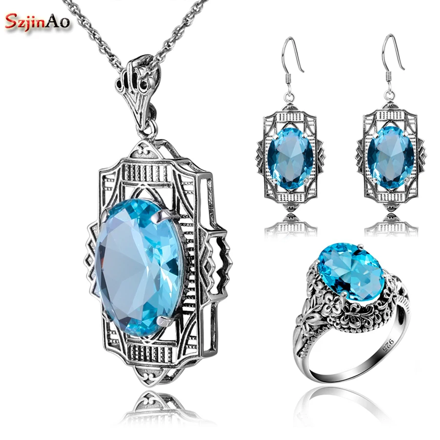 

Szjinao 925 Sterling Silver Set Aquamarine ccessories Bride Jewelry Set Dresses for Women Earrings/Pendant/Ring