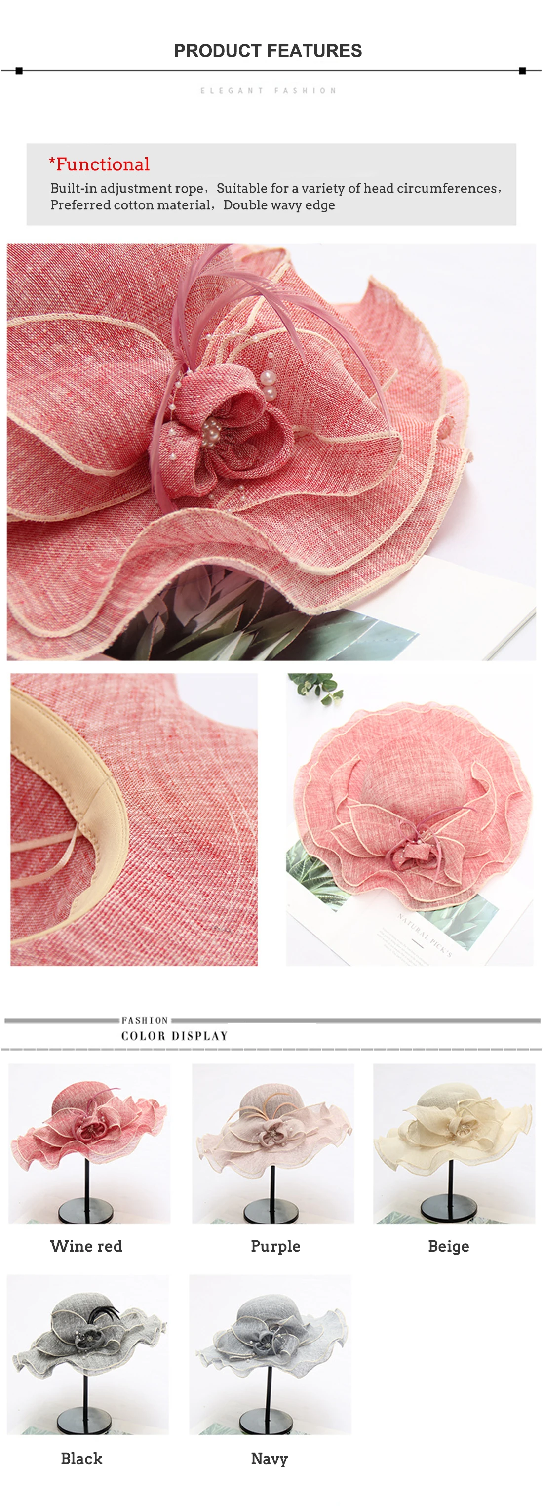 KISBINI Fashion Girl Women's Hat Wide Brim Vintage Linen Mesh Flowers Decoration Elegant Wedding Party Shade ladies Hats