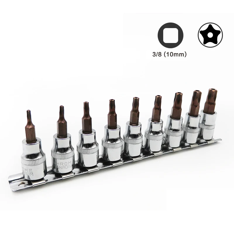 9PC 3/8 Inch Torx Star (WITH HOLE) Pentalobe Screwdriver Bit Socket Set