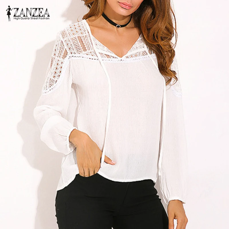 

6 Color ZANZEA 2019 Ladies Casual Loose Shirt Lace Crochet Sexy V Neck Long Sleeve Floral Blouses Tops Fashion Women Sexy Blusas