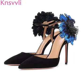 

2019 Black Suede Thin High Heels Women Pumps Sequins flowers fringe String Bead Shoes Woman Runway Party Dress Shoes feminina