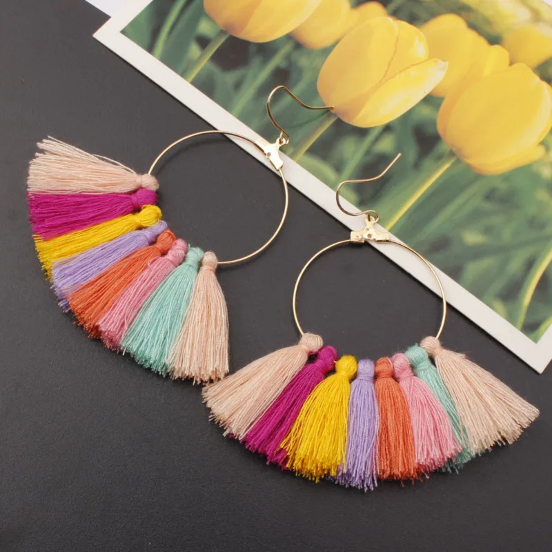 

2018 Ethnic Bohemian Drop Dangle Long Rope Fringes Cotton Tassel Earrings Trendy Sector Earrings for Women Fashion Jewelry