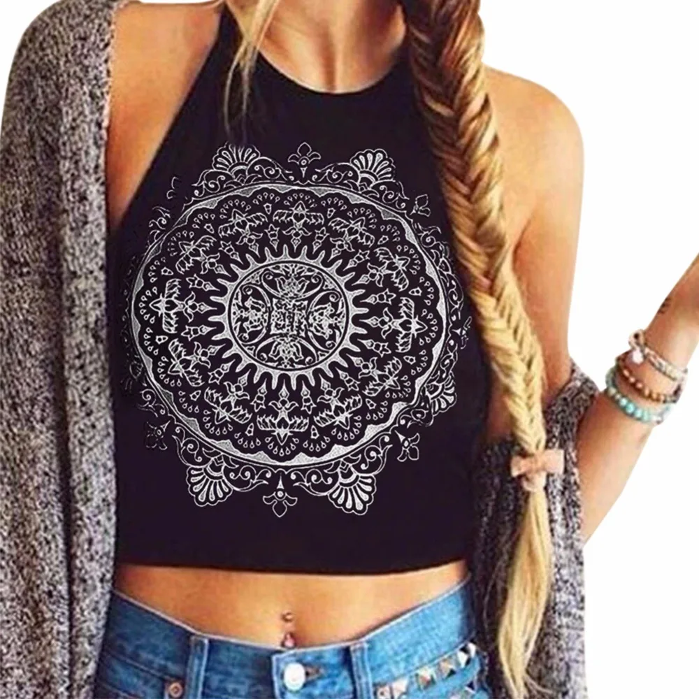 

Women crop top mandala print tank top high neck halter sport vest camis for gym fitness workout yoga running jogging training