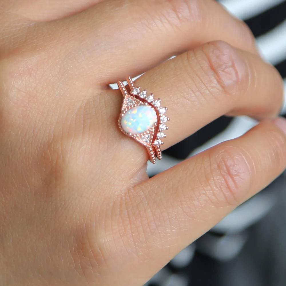 

Korean Cubic Zirconia Delicate Ring Fashion Design Shining rose gold Ring Jewelry egg shape opal cz ring 100% 925 silver 2pc set